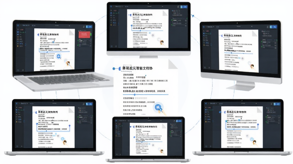 一张展示章拓启元智能文档协同功能的AI生图,主体为多台设备屏幕显示同一份文档正在被不同用户编辑,布局为设备环绕中心文档,排版为环形结构,风格为扁平化科技插画,细节包括屏幕上的光标和文字变化,画质高清,干净,无多余元素