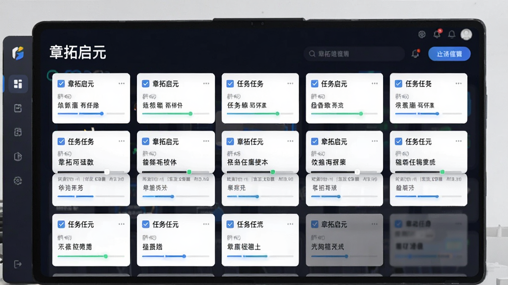 一张展示章拓启元任务流程管理功能的生图,主体为一块数字看板,上面有“章拓启元”字样和多个任务卡片,布局为看板视图,排版为网格状,风格为现代简约UI设计,细节包括任务卡片上的勾选框和进度条,画质高清,干净,无多余元素