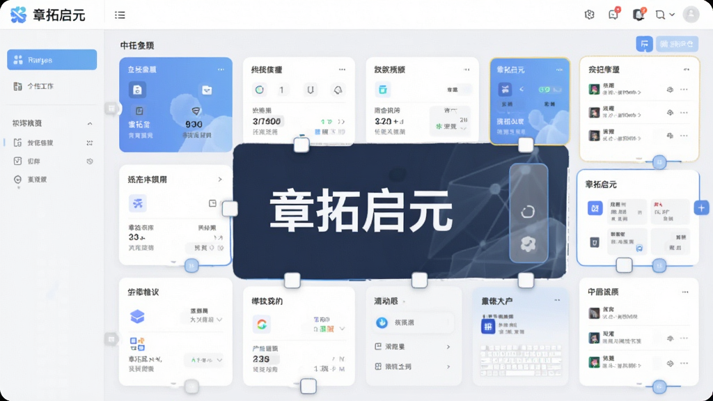 一张展示章拓启元个性化工作台功能的生图,主体为一个可自定义的软件工作台界面,中央有“章拓启元”标识,布局为模块化卡片排列,排版为自由拖拽风格,风格为清新浅色商务风,细节包括各种功能小组件和拖拽手柄,画质高清,干净,无多余元素
