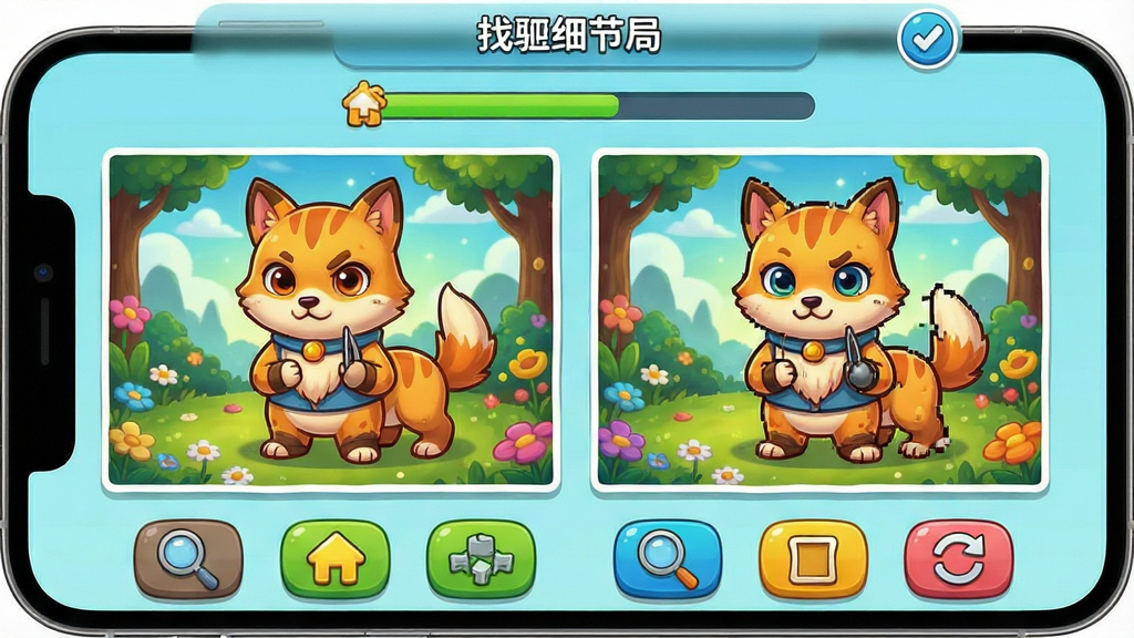 一张手机屏幕展示找茬细节局游戏界面,画面中央是两幅看似相同却暗藏多处差异的精美插画,左右并排布局,顶部显示找茬细节局软件名称与关卡进度条,底部排列放大镜、提示、重置等功能按钮,整体采用清新明亮的卡通风格,细节丰富色彩饱满,画质清晰干净,无多余元素