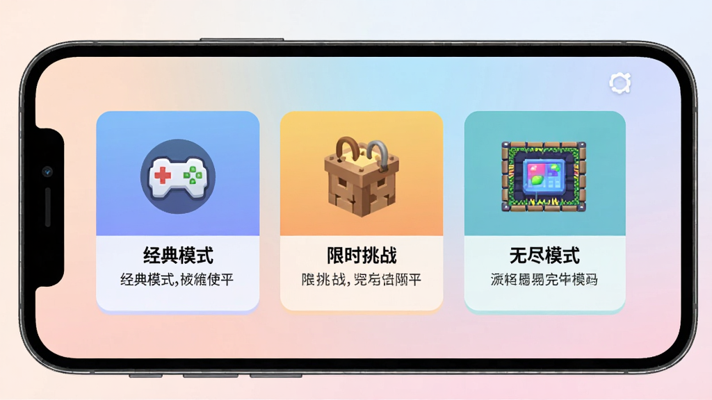 找茬细节局游戏模式选择界面,手机屏幕展示三个并排的游戏模式卡片,分别标注经典模式、限时挑战和无尽模式,每个卡片配有对应的图标和简短描述文字,背景为柔和的渐变色,整体排版整洁有序,风格现代简约,画质清晰干净,无多余元素