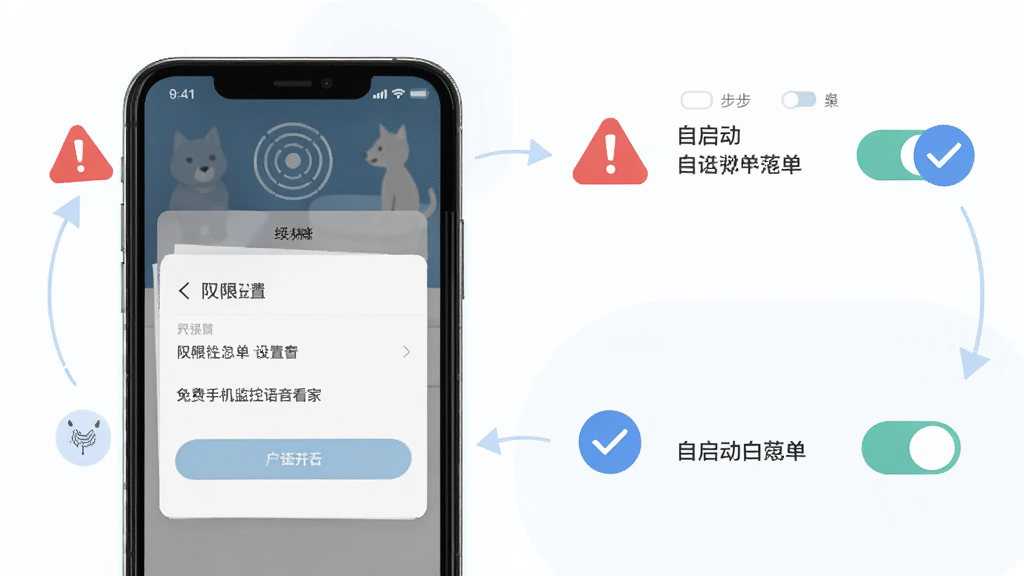 免费手机监控语音看家新手安装设置步骤引导图,主体为手机屏幕显示权限设置页面和自启动白名单开关,布局为手机竖屏居中,排版为上下分步示意图,风格为清新扁平化设计,细节包括红色警告图标和蓝色对勾标记,画质高清干净无多余元素
