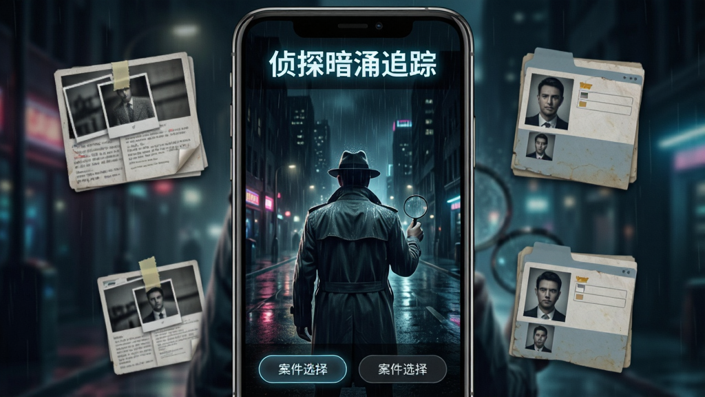 一张手机屏幕竖版展示侦探暗涌追踪软件主界面,画面中央是暗色调的城市夜景,一位身穿风衣的侦探背影站在雨中,手中拿着放大镜,屏幕四周悬浮着线索卡片与嫌疑人档案,布局为上方软件名称“侦探暗涌追踪”发光字样,下方是案件选择按钮,整体风格为悬疑写实电影感,细节包括雨滴、霓虹灯反射、纸张纹理,画质高清,干净,无多余元素