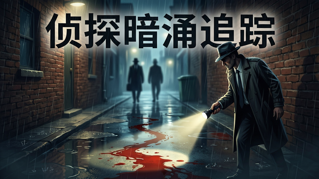 一张侦探暗涌追踪软件氛围场景插画,画面为雨夜小巷中侦探手持手电筒照射地面血迹,远处有模糊人影,布局上方为软件名称“侦探暗涌追踪”暗纹,下方为氛围光晕,风格为悬疑电影海报感,细节包括雨丝、水洼倒影、砖墙纹理,画质高清,干净,无多余元素