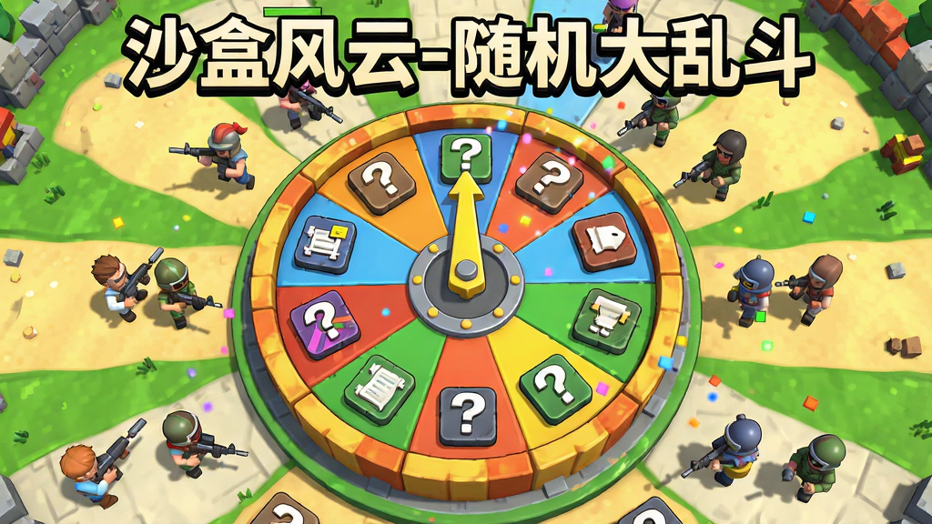 卡通风格的沙盒战场俯瞰图,画面中央有巨大的转盘随机抽取规则图标,周围散布着不同兵种的小人,画面顶部有“沙盒风云-随机大乱斗”字样,布局为圆形放射状,风格为明亮3D卡通,细节包括转盘指针、问号图标、彩色粒子效果,画质高清,干净无多余元素