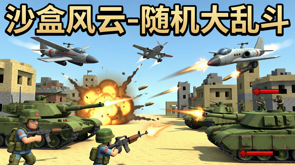 多兵种混战场景,画面中步兵、坦克、飞机同时出现,背景是沙盒方块搭建的城市,画面顶部有“沙盒风云-随机大乱斗”文字,布局为动态对角线构图,风格为3D卡通渲染,细节包括爆炸特效、子弹轨迹、血条显示,画质高清,干净无多余元素