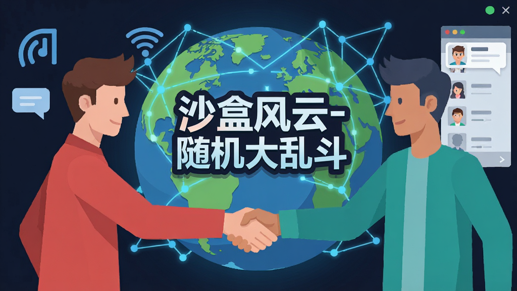 联机对战界面,画面中两名玩家角色正在握手,背景是地球与网络连接线条,画面中央有“沙盒风云-随机大乱斗”标志,布局为左右对称,风格为扁平化科技风,细节包括信号图标、聊天气泡、好友列表,画质清晰,干净无多余元素