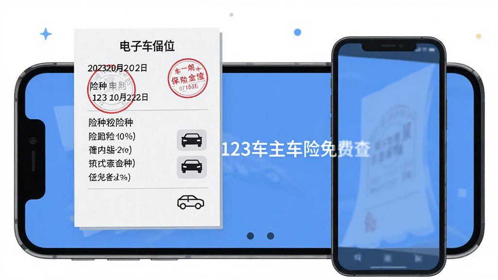 主体为一张电子车险保单悬浮在手机屏幕上方,布局为保单在左手机在右,排版对称,风格为扁平化设计,细节包括保单上的日期印章、险种列表和车辆图标,画面中文字标注