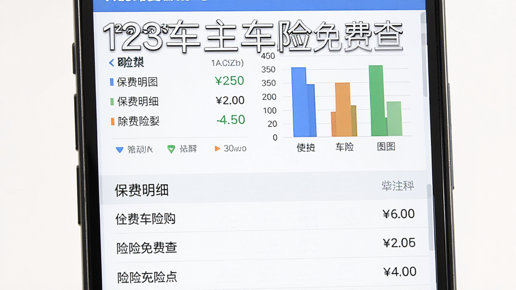主体为手机屏幕展示保费明细列表和柱状图,布局为图表在上列表在下,排版整齐,风格为简约商务,细节包括不同颜色的柱状条、金额数字和险种名称,画面中文字标注