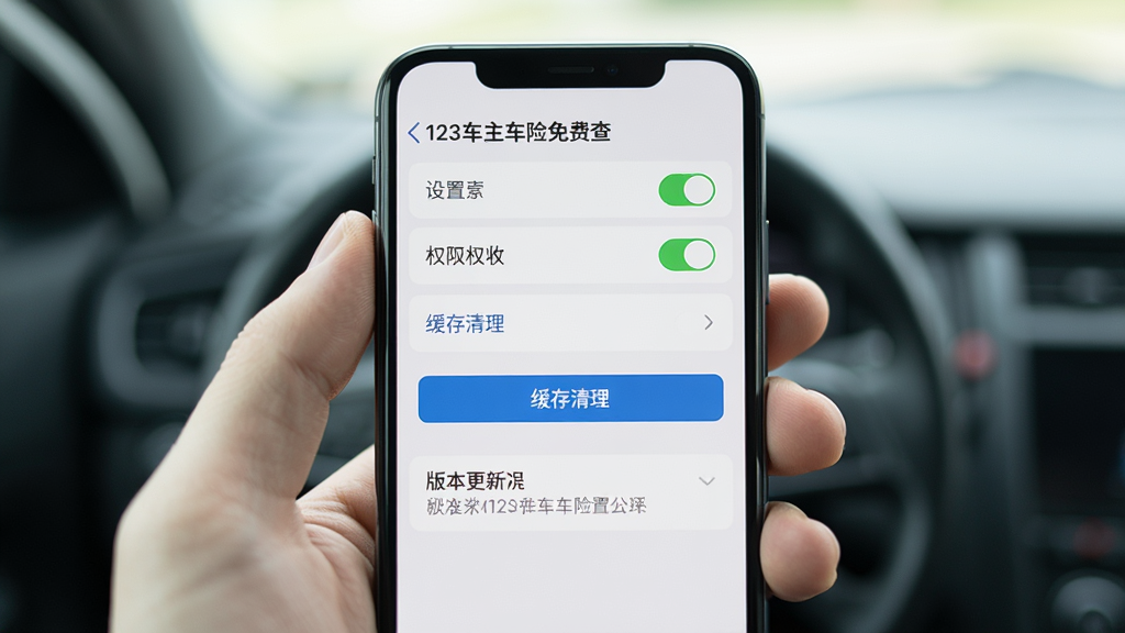 主体为手机屏幕展示软件设置界面,布局为设置选项纵向排列,排版清晰,风格为素雅极简,细节包括权限开关、缓存清理按钮和版本更新提示,画面中文字标注