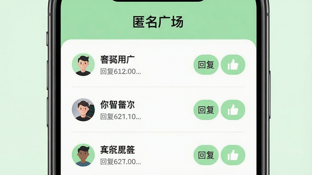 一张宣告者2匿名广场功能展示图,画面主体为手机屏幕,屏幕内显示多条匿名用户发布的宣告内容,每条内容左侧有随机头像,右侧有回复和点赞按钮,顶部有“匿名广场”标题,整体配色清新,以浅绿色和白色为主色调,布局整齐,风格简约现代,画质清晰,无多余装饰元素