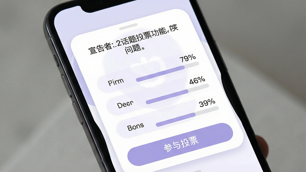 一张宣告者2话题投票功能界面图,画面为手机屏幕特写,屏幕内显示一个投票话题卡片,卡片上方为问题文字,下方为多个选项按钮,每个选项右侧显示投票百分比进度条,底部有参与投票按钮,整体界面风格圆润柔和,配色以淡紫色和白色为主,布局清晰,画质干净,无多余元素