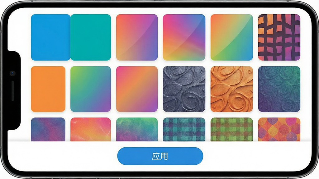 一张宣告者2个性化主题设置界面图,画面为手机屏幕,屏幕内显示主题选择页面,页面上排列着多个不同颜色和风格的主题预览方块,有纯色、渐变、纹理等样式,下方有“应用”按钮,整体风格活泼明快,配色丰富但协调,布局为网格状排列,画质清晰,无多余元素