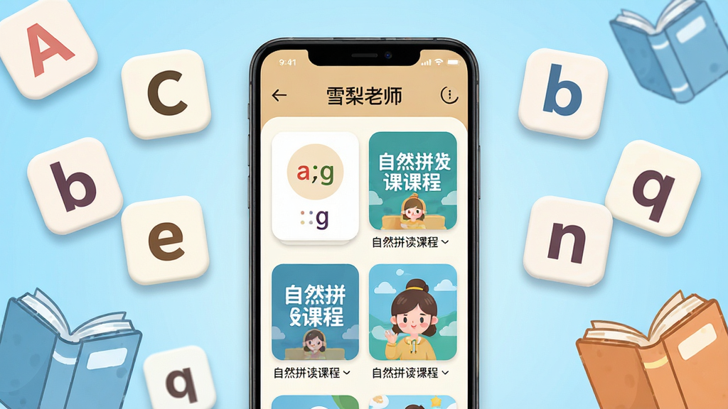 画面中央展示一部安卓手机,手机屏幕上显示“雪梨老师”APP的首页界面,界面中有音标卡片和自然拼读课程封面,手机周围环绕着字母卡片、音标符号和卡通书本元素,背景为浅蓝色渐变,整体布局居中对称,风格清新活泼,细节包括圆角图标和柔和阴影,画质高清,干净,无多余元素