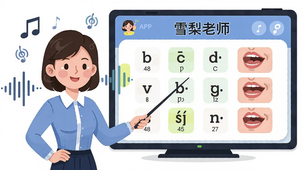 一位年轻女教师站在电子白板前,白板上显示“雪梨老师”APP的国际音标教学界面,界面中有48个音标符号和发音口型图,教师手持教鞭指向音标,周围有音符和声波图案,布局为教师居左、白板居右,风格为扁平化教育插画,细节包括白板上的高亮标注和教师亲切的表情,画质高清,干净,无多余元素