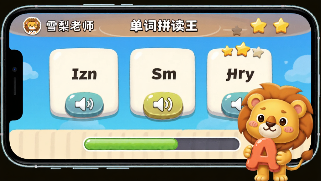 一部手机横屏显示“雪梨老师”APP的单词拼读王闯关界面,界面上有单词卡片、发音按钮和星级评分,手机旁边有一个卡通小狮子拿着字母“A”的吉祥物,布局为手机居中、吉祥物在右下角,风格为活泼游戏化UI,细节包括按钮的立体感和进度条的高光,画质高清,干净,无多余元素