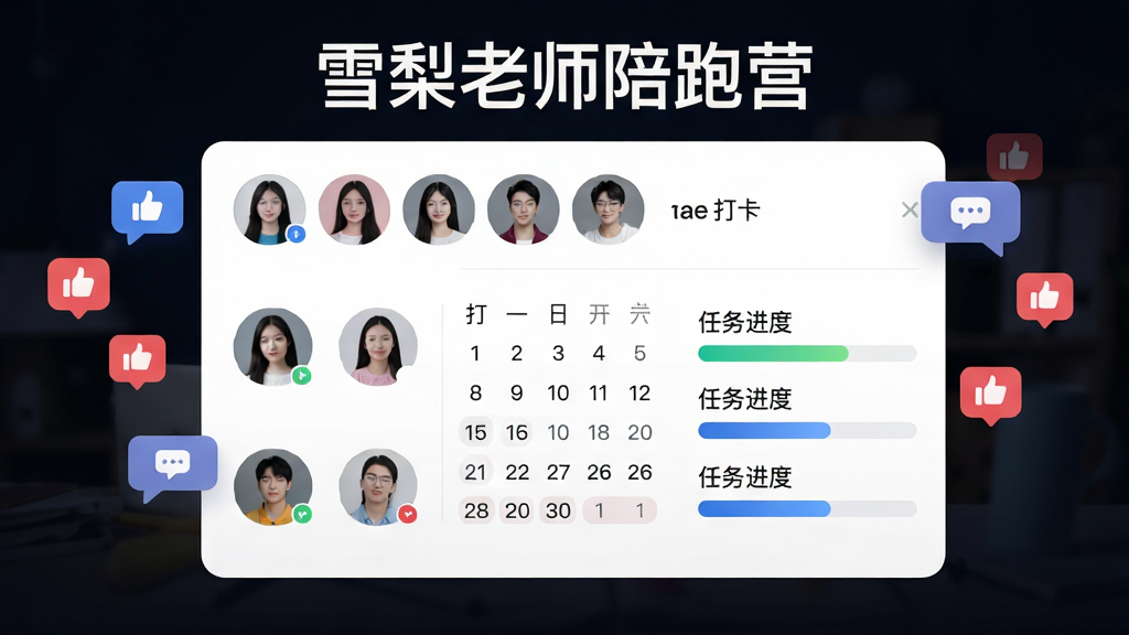一个虚拟的在线学习社群界面,界面顶部显示“雪梨老师陪跑营”字样,下方有学员头像列表、打卡日历和任务进度条,界面周围环绕着点赞图标和消息气泡,布局为居中卡片式,风格为现代社交APP界面,细节包括头像的圆形裁剪和进度条的渐变色彩,画质高清,干净,无多余元素