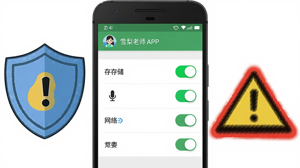 一部安卓手机屏幕显示“雪梨老师”APP的权限设置页面,页面中有存储、麦克风、网络等权限开关,手机旁边有一个卡通盾牌图标和警示标志,布局为手机居中、图标在两侧,风格为扁平化安全提示插画,细节包括开关的绿色高亮和警示标志的红色边框,画质高清,干净,无多余元素