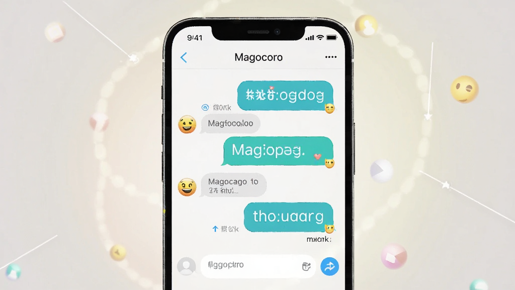 主体为一部智能手机,屏幕显示Magocoro聊天界面,布局采用居中构图,排版简洁大方,风格为现代科技感插画,细节包括聊天气泡、表情图标和柔和背景光晕,画质高清,画面干净,无多余元素