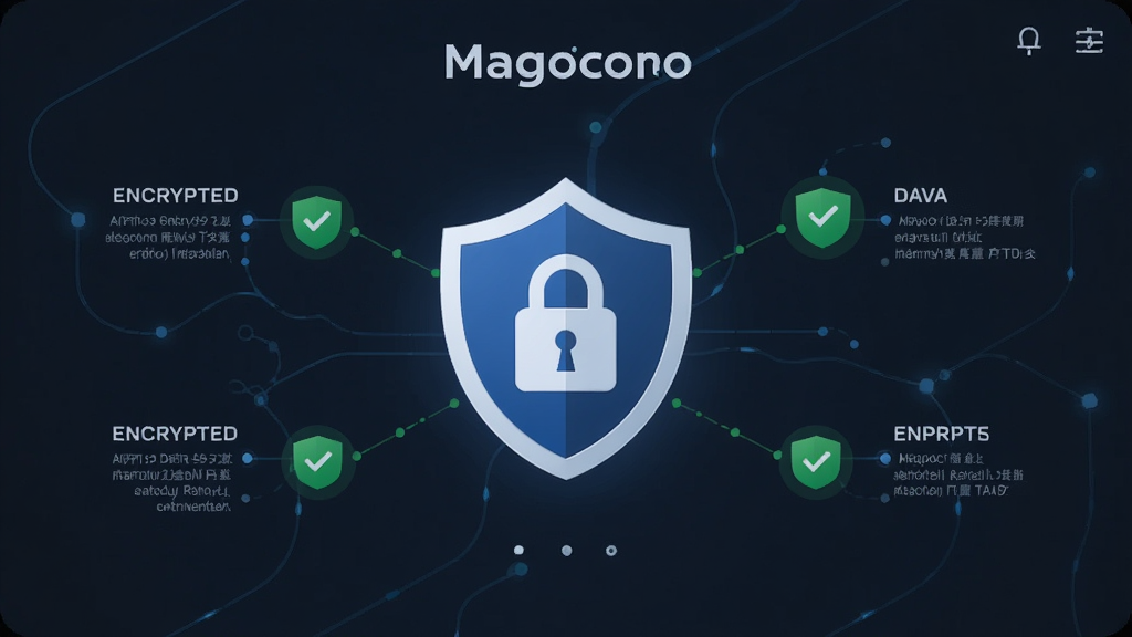 主体为Magocoro隐私保护界面,布局采用盾牌与锁形图标居中,排版为信息图风格,风格为安全简约风,细节包括加密数据节点和绿色安全标识,画质高清,画面干净,无多余元素