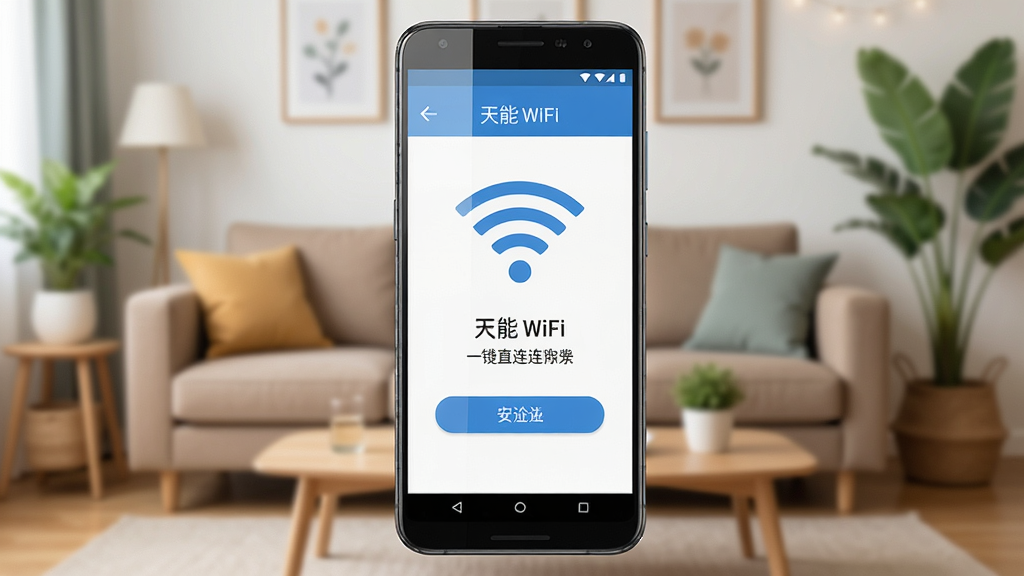 画面中央放置一部安卓手机,手机屏幕显示万能WiFi一键直连软件主界面,界面中有WiFi信号图标和连接按钮,背景是温馨的居家客厅场景,布局采用居中构图,风格为现代扁平化科技风,细节包括手机边缘的光影反射和背景虚化的沙发绿植,画质清晰,干净,无多余元素
