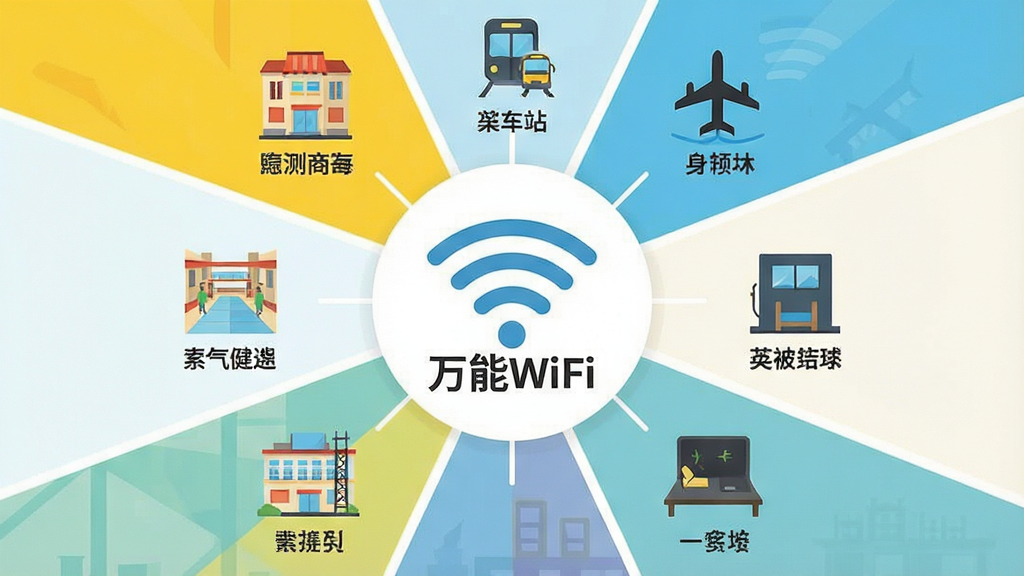 一张信息图风格海报,主体为万能WiFi一键直连的图标位于中心,周围环绕着商场、车站、机场、酒店等场景的小图标,布局呈放射状,排版清晰有序,风格为简洁的扁平化矢量插画,细节包括每个场景图标下方的简短文字标注,画质高清,干净,无多余元素