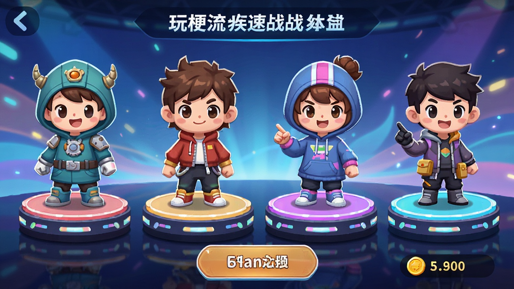 �湣���⼲��ս��ɫѡ����棬չʾ�ĸ���ͬ���͵Ŀ�ͨ��ɫ��ÿ����ɫ�ж��ط�װ�ͱ��飬������������ʵ�չʾ̨�����沼���������ײ��н�����ť�ͽ����������ƽ����Ʒ��ɫ�����죬���ʾ�ϸ���޶���װ��