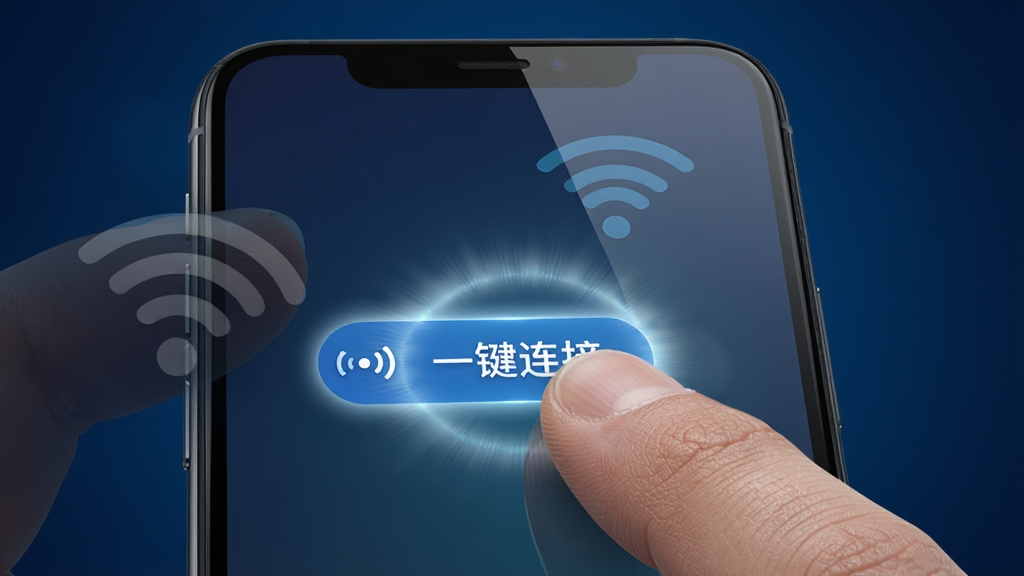 特写镜头展示一部手机屏幕,屏幕上显示万能WiFi一键直连的“一键连接”按钮被手指点击的瞬间,按钮周围有光晕扩散效果,布局为手机居中,背景为深蓝色渐变,风格为写实科技风,细节包括手指的皮肤纹理和屏幕玻璃的反光,画质精细,干净,无多余元素