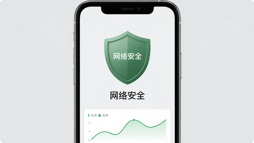画面展示万能WiFi一键直连软件的安全检测界面,手机屏幕上有绿色的盾牌图标和“网络安全”文字,背景为浅灰色,布局为手机正面展示,风格为简约商务风,细节包括盾牌上的细微纹理和界面上的数据曲线,画质清晰,干净,无多余元素