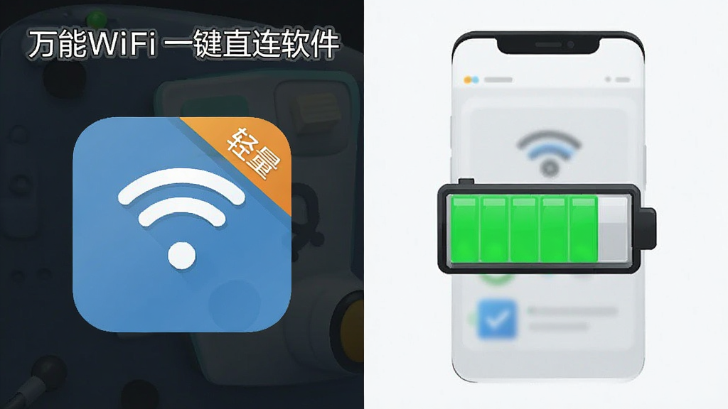 一张对比示意图,左侧展示万能WiFi一键直连软件的小巧安装包图标,右侧展示手机电池图标电量充足,布局为左右对比,风格为扁平化信息图,细节包括安装包上的“轻量”标签和电池上的绿色电量条,画质干净,无多余元素