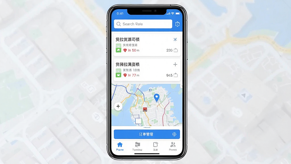 一张展示货拉满司机拉货软件主界面的手机截图预览图,画面中央是一部竖屏智能手机,屏幕上显示着货源列表和地图导航区域,顶部有搜索栏,底部有订单管理标签,整体采用蓝白配色方案,风格简洁现代,细节清晰,画质干净,无多余元素