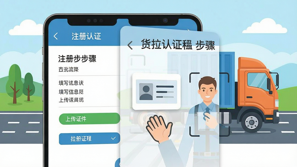 一张货拉满司机拉货新手操作指引示意图,画面展示手机屏幕上的注册认证流程步骤,包括填写信息、上传证件、人脸识别等环节,背景有货车和道路元素,风格扁平化插画,色彩明快,细节清晰,画质干净,无多余元素