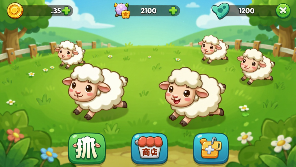 我抓羊很强软件主界面截图,画面中央是绿意盎然的卡通牧场,几只造型可爱的小羊在草地上奔跑,屏幕上方显示金币与等级信息,底部排列着抓羊、商店、任务等图标按钮,整体采用明亮鲜艳的卡通风格,布局清晰,画质干净,无多余元素