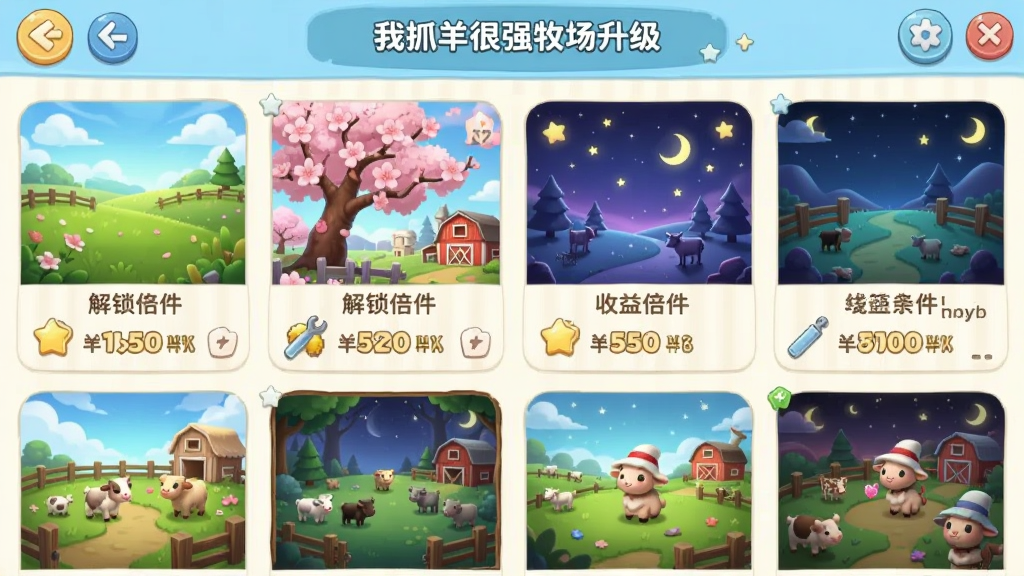 我抓羊很强牧场升级界面,展示多个不同主题的牧场缩略图,包括草原、樱花、星空等场景,每个缩略图下方有解锁条件与收益倍率,整体UI布局为网格状,风格清新可爱,画质细腻干净