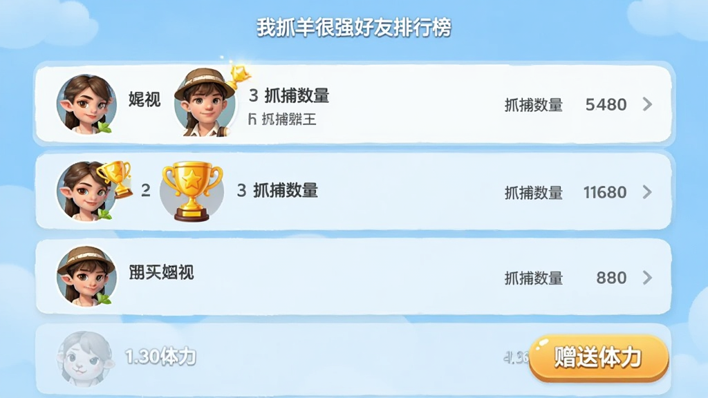 我抓羊很强好友排行榜界面,列表展示多位好友的头像、昵称、抓捕数量与排名,前三名有奖杯图标,底部有赠送体力按钮,背景为淡蓝色渐变,风格友好活泼,排版清晰,画质干净