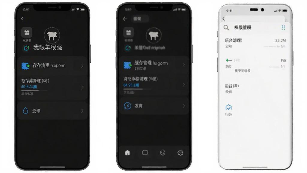 我抓羊很强手机端设置界面截图,展示权限管理、缓存清理、后台运行等选项,界面为深色主题,图标简洁,文字清晰,整体风格现代,画质干净无多余装饰
