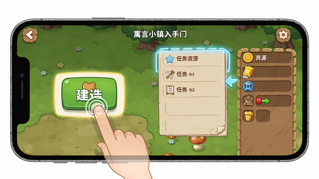 寓言小镇新手入门操作界面示意图,画面展示手机屏幕上显示游戏引导步骤,包括建造按钮、任务列表和资源栏,布局采用手机界面截图风格,排版上突出关键操作区域,风格为简洁UI展示,细节包含手指点击图标、高亮提示框,画质清晰干净,无多余元素