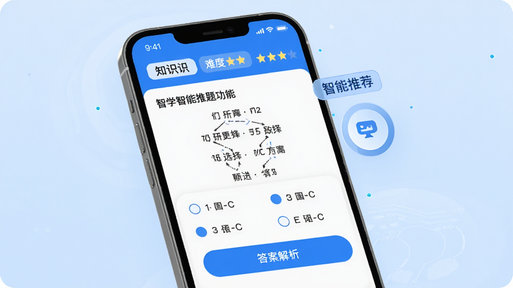 考研智学智能推题功能界面图,手机屏幕显示一道考研政治选择题,下方有四个选项和答案解析按钮,屏幕上方有知识点标签和难度星级,旁边有智能推荐标签,背景是浅蓝色渐变,风格科技感十足,画面干净整洁,无多余元素,画质高清