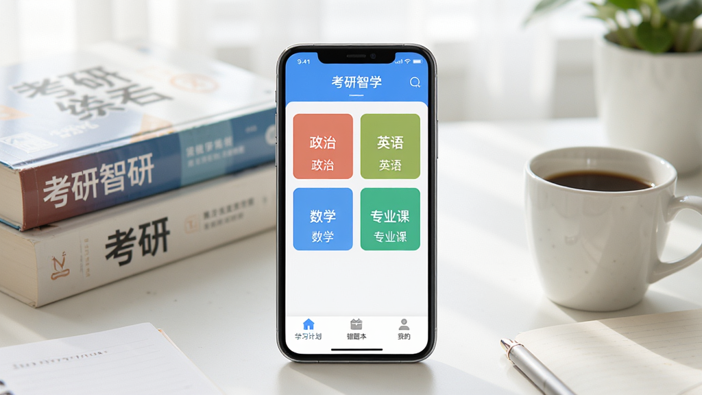 考研智学软件主界面展示图,画面中央是一台智能手机,屏幕上显示考研智学APP首页,包含政治、英语、数学、专业课四个科目入口按钮,底部有学习计划、错题本、我的等导航栏,背景是书桌场景,桌面有考研书籍和咖啡杯,整体风格清新简洁,光线明亮柔和,画质清晰,干净无多余元素