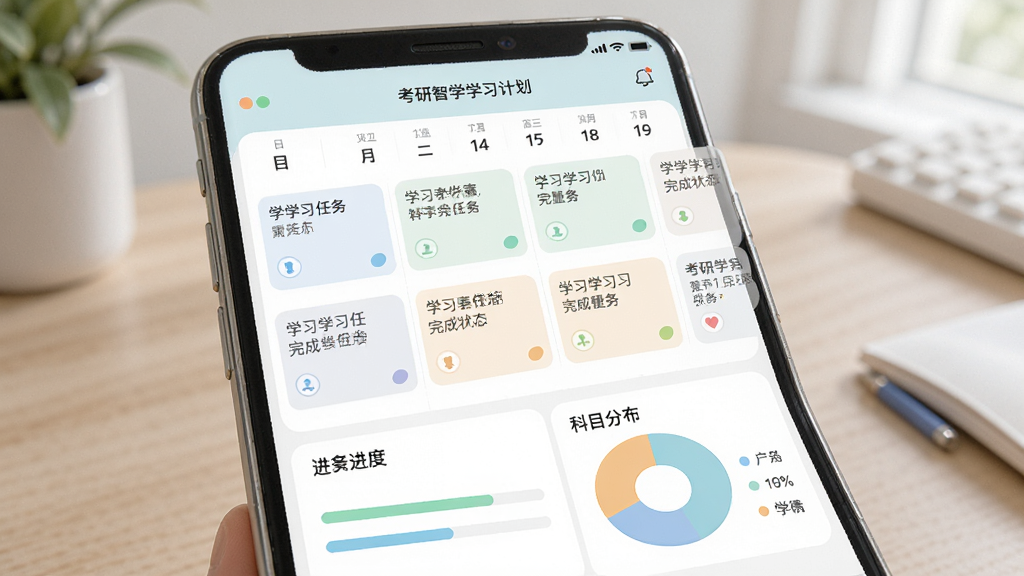 考研智学学习计划界面图,手机屏幕显示日历视图,每天标注学习任务和完成状态,下方有进度条和科目分布饼图,界面风格清新浅色,配色柔和,排版清晰,画质高清,无多余元素