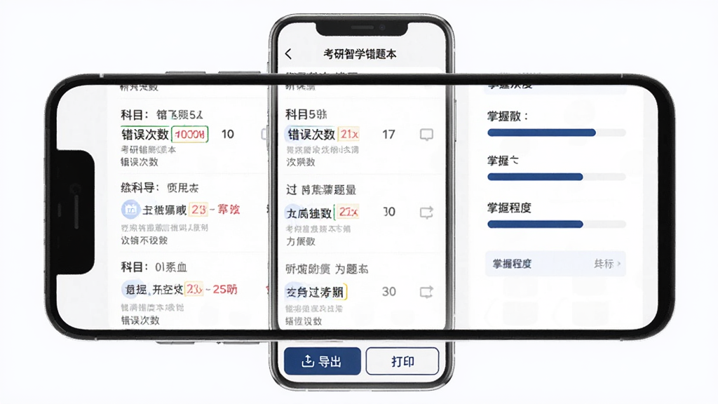 考研智学错题本功能展示图,手机屏幕显示错题列表,每道题标注科目和错误次数,右侧有掌握程度进度条,底部有导出和打印按钮,界面风格简洁商务,配色以白色和深蓝色为主,排版整齐,画质清晰,干净无多余元素
