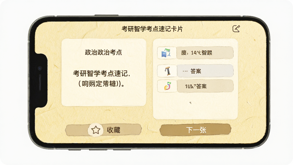 考研智学考点速记卡片界面图,手机屏幕显示一张政治考点卡片,正面是问题,背面是答案,下方有收藏和下一张按钮,背景是淡黄色纸张纹理,风格简约素雅,画质清晰,干净无多余元素