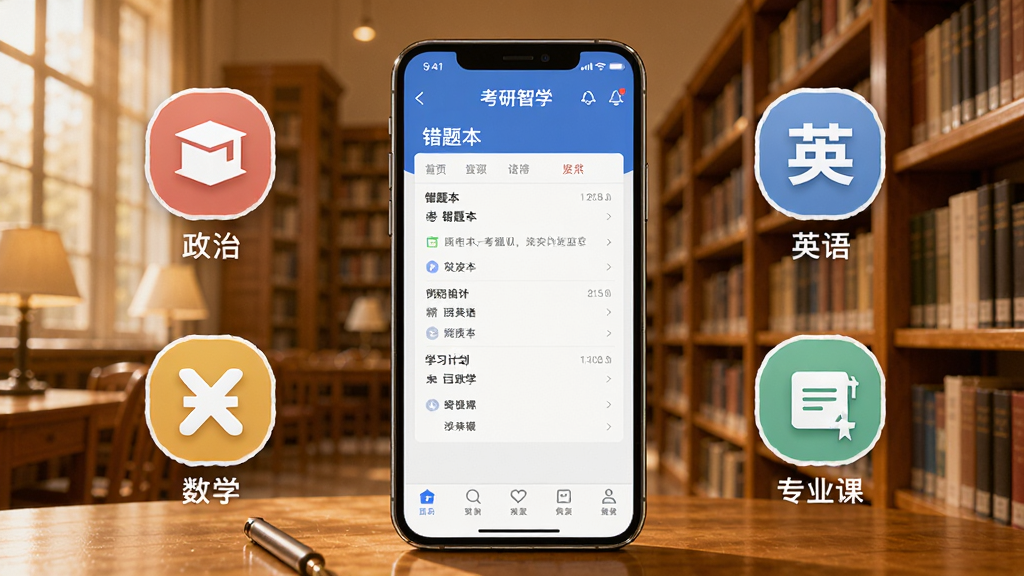 考研智学软件功能总结图,画面中央是手机屏幕显示考研智学APP的错题本和学习计划界面,周围环绕着政治、英语、数学、专业课的图标,背景是图书馆书架,风格温馨励志,画质清晰,干净无多余元素