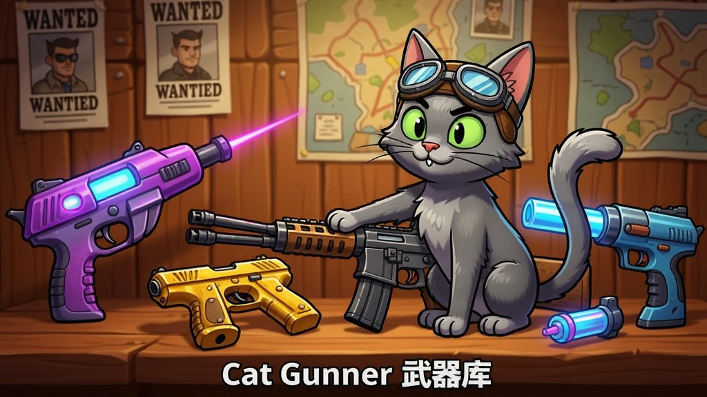 一只戴着飞行员护目镜的灰色猫咪坐在堆满各式枪械的武器库桌前,桌上摆放着发光的紫色激光枪、金色手枪和蓝色能量炮,背景是贴满通缉令和地图的木质墙壁,画面采用暖色调美式卡通风格,猫咪爪子搭在一把步枪上,构图以猫咪和武器为视觉中心,细节包括枪械上的反光纹理和猫咪尾巴的弯曲弧度,画质清晰干净,无多余元素,图片中文字标注“Cat Gunner 武器库”在画面下方