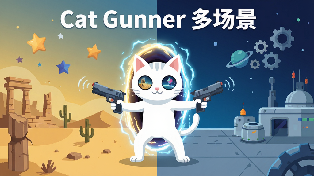 一只白色猫咪站在分裂的游戏地图中央,左侧是沙漠废墟场景右侧是太空基地场景,中间用发光的传送门连接,猫咪手持双枪摆出战斗姿势,背景有漂浮的星星和齿轮元素,画面采用清新明快的扁平插画风格,主色调为沙黄和深蓝渐变,构图左右对称突出传送门,细节包括猫咪瞳孔中的场景倒影和传送门边缘的能量波纹,画质高清干净,无多余元素,图片中文字标注“Cat Gunner 多场景”在画面顶部