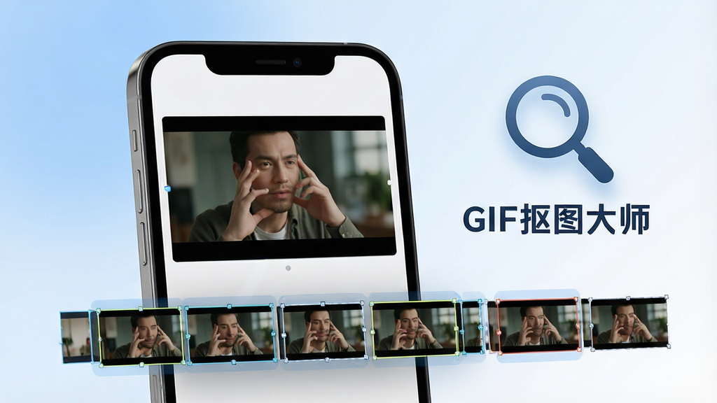 一张展示GIF抠图大师智能逐帧抠像功能的示意图,画面中一部手机屏幕显示GIF动图被逐帧拆解成多个小帧排列在界面下方,每一帧上都有高亮的选区轮廓线,手机旁边漂浮着一个放大镜图标和