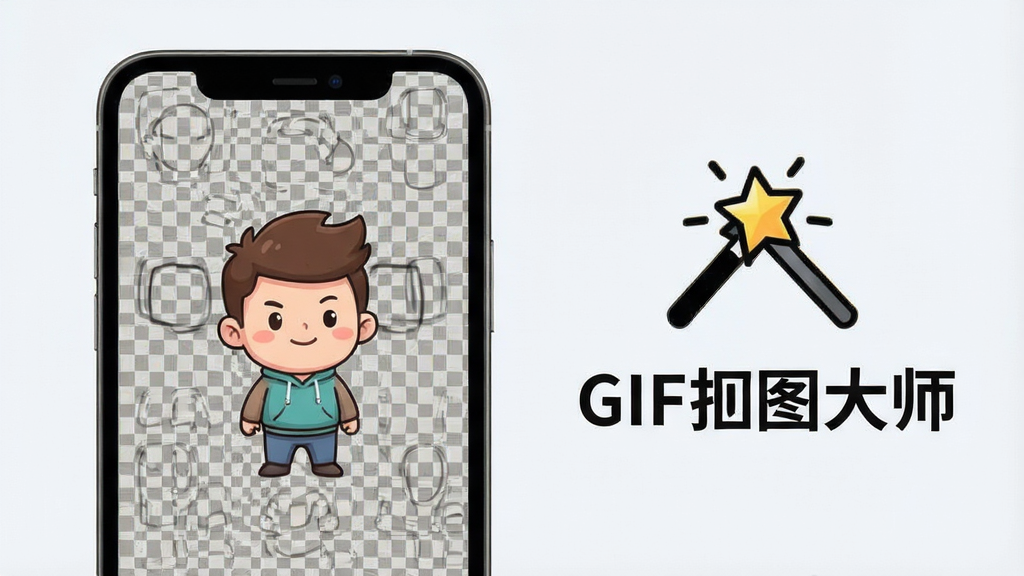 一张展示GIF抠图大师一键透明背景功能的示意图,画面中手机屏幕显示一张GIF动图背景被去除后呈现灰白棋盘格透明效果,主体卡通形象清晰保留,手机旁边有一个魔法棒图标和