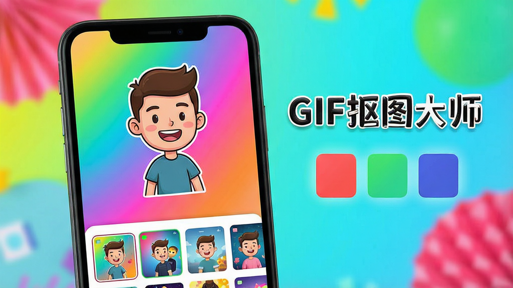一张展示GIF抠图大师自定义背景替换功能的示意图,画面中手机屏幕显示一个卡通人物GIF被抠出后放置在色彩鲜艳的渐变背景上,屏幕下方有多个背景缩略图供选择,手机旁边漂浮着