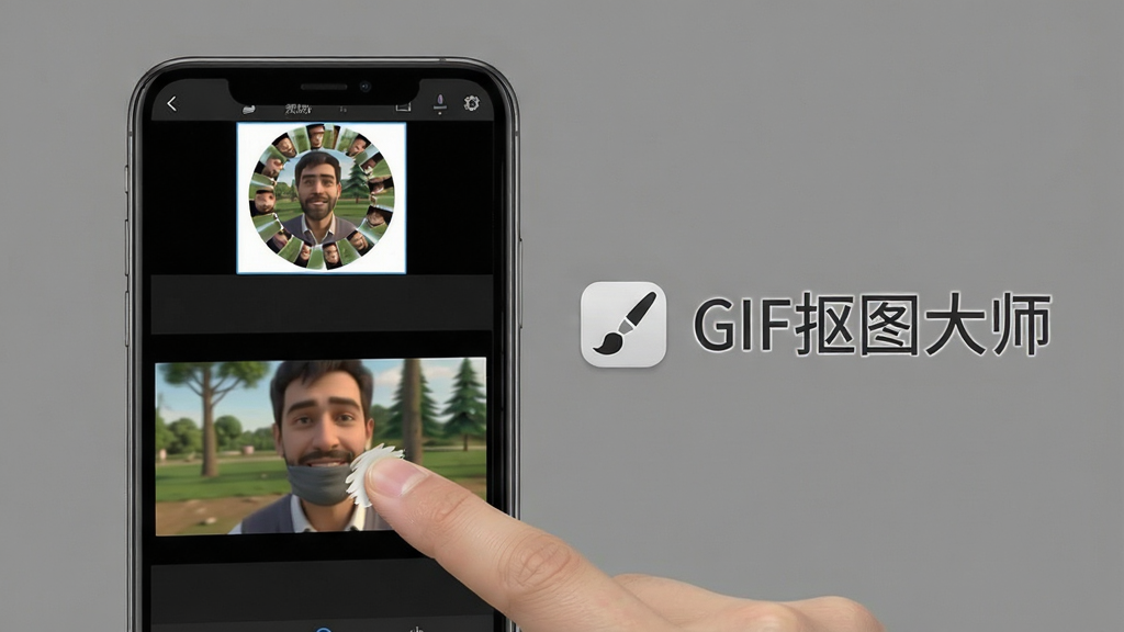 一张展示GIF抠图大师实时预览与微调功能的示意图,画面中手机屏幕显示GIF动图编辑界面,手指正在屏幕上进行涂抹操作,屏幕上方有实时预览小窗口循环播放动图,手机旁边有