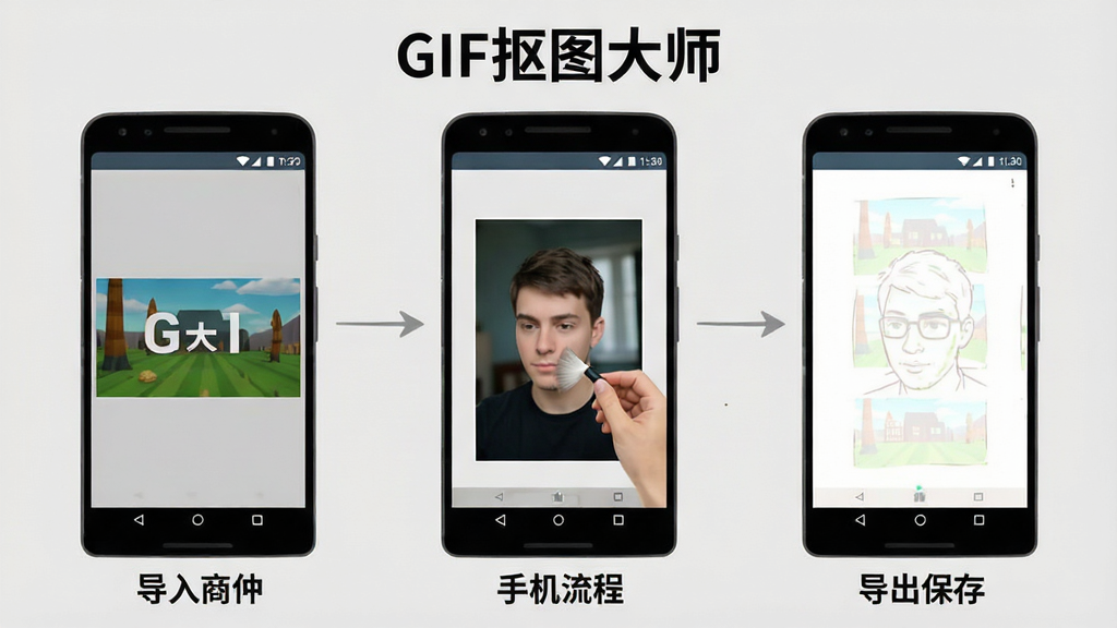 一张展示GIF抠图大师在安卓手机上操作流程的步骤图,画面分为三个手机屏幕并排展示,从左到右依次是导入GIF界面、涂抹抠图界面和导出保存界面,每个屏幕下方有简短文字标注,顶部有